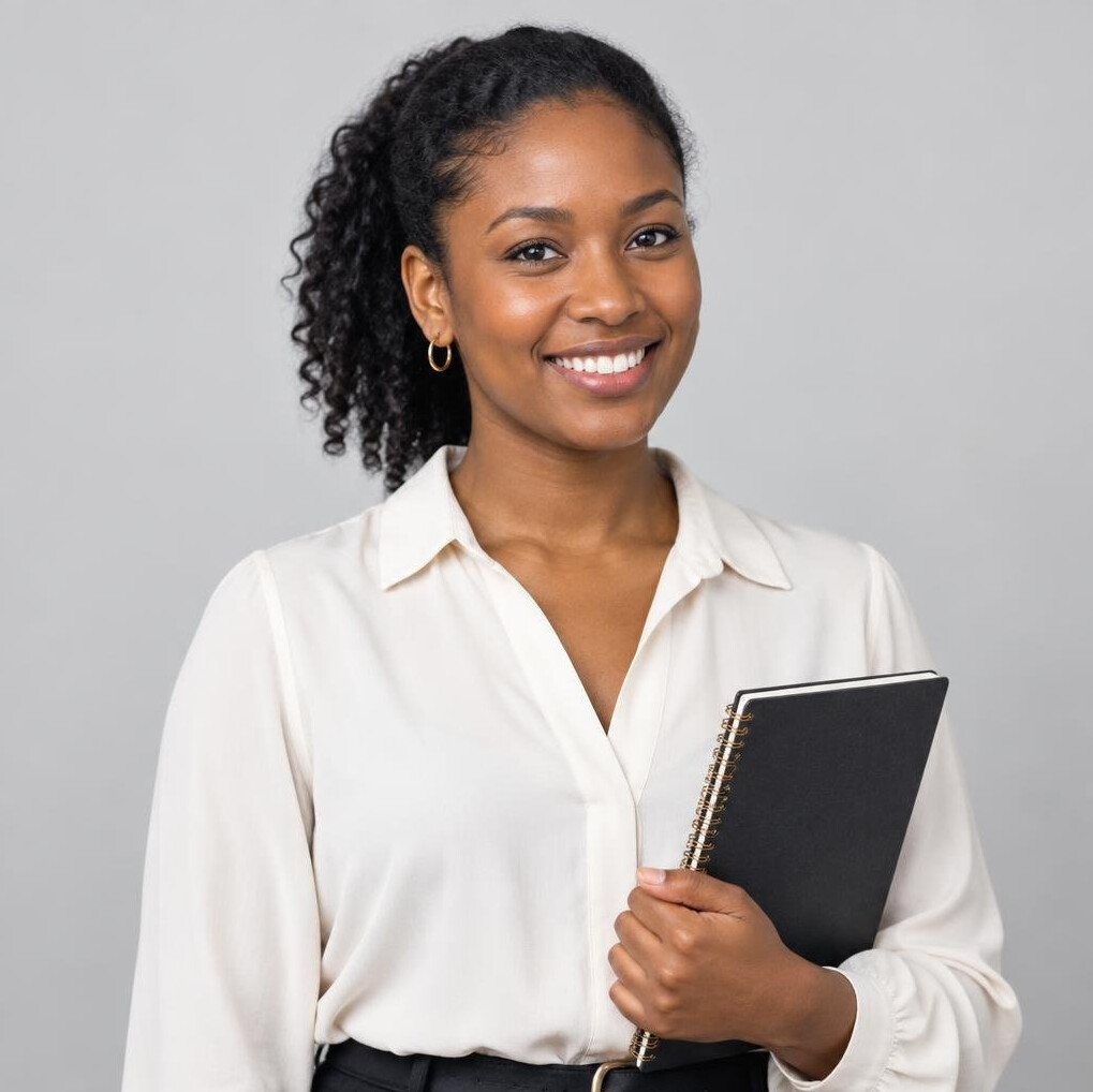 Portrait studio d'une femme chargee de clientele d'origine subsaharienne
