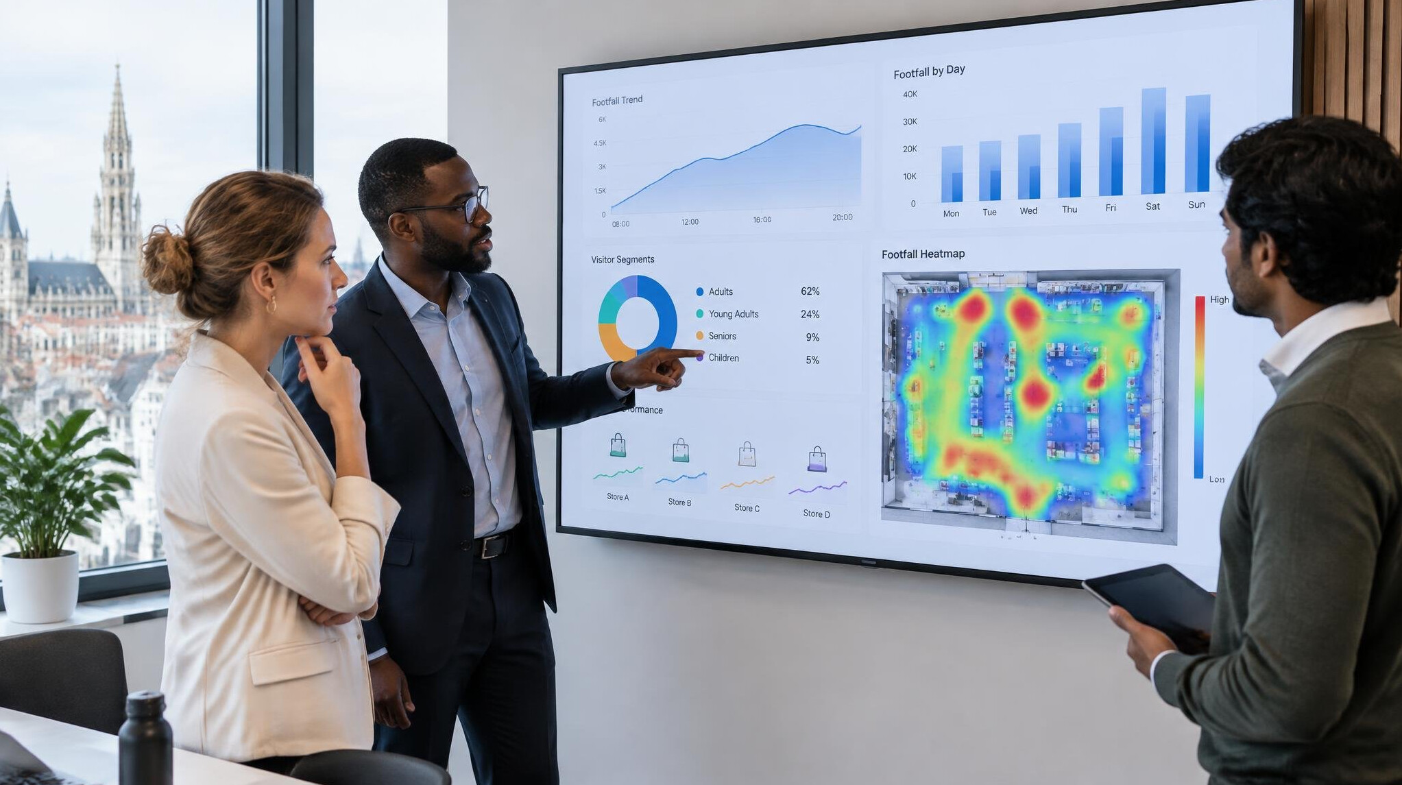 Equipe analysant des donnees de frequentation sur grand ecran